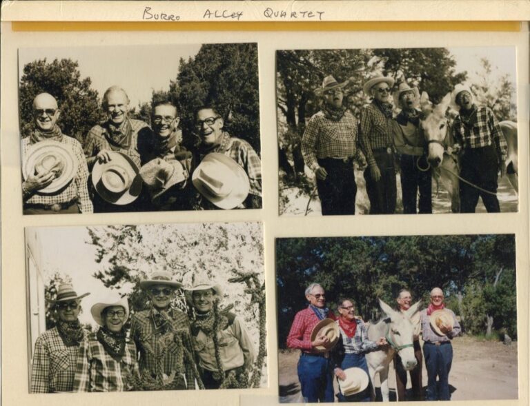 Four photos of four men in cowboy attire, known as the Burro Alley Quartet. Two photos include a burro.